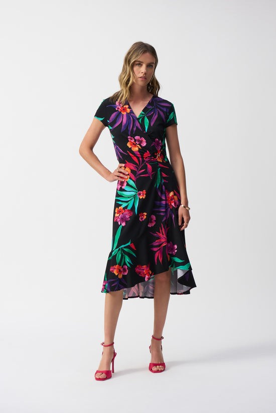 Silky Knit Tropical Print Wrap Dress 251011