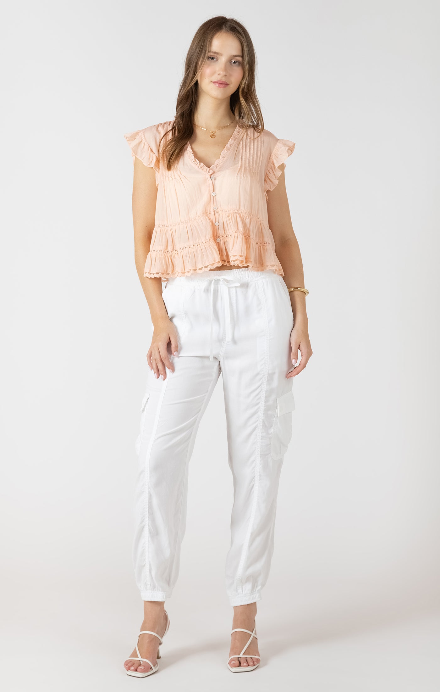 THE ORLA LACE TRIM RUFFLE CAP SLEEVE TOP