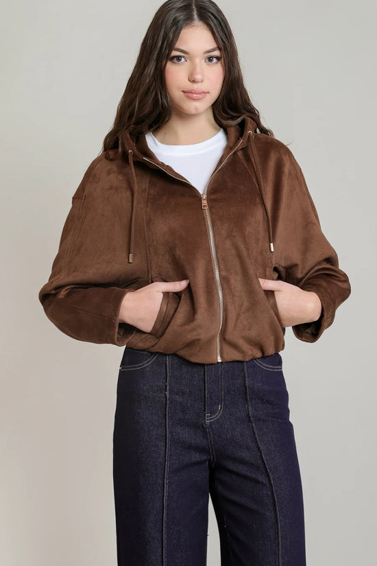 THE KELLY HOODED SUEDE BOMBER