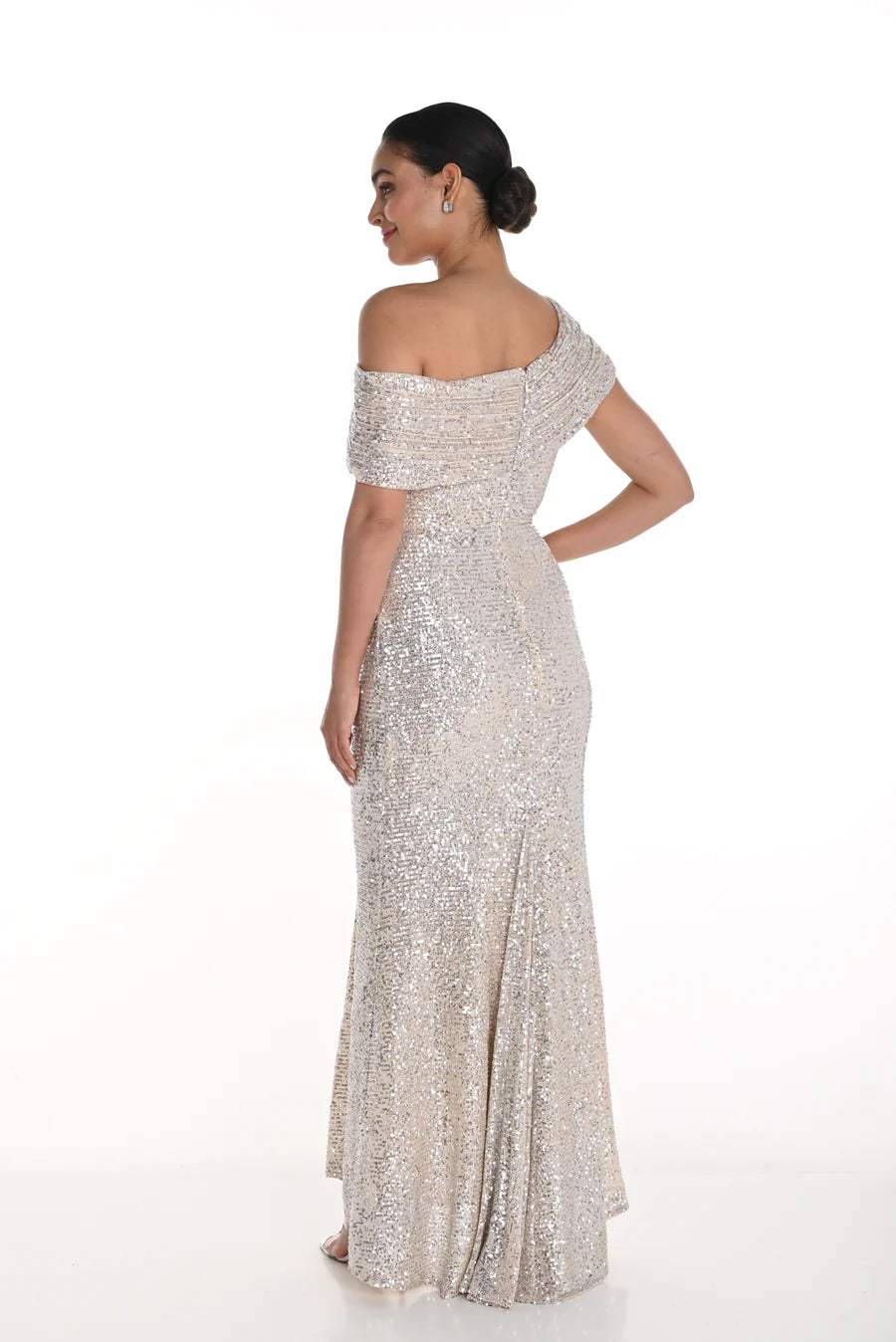 LONG CHAMPAGNE OFF SHOULDER KNIT GOWN 268270