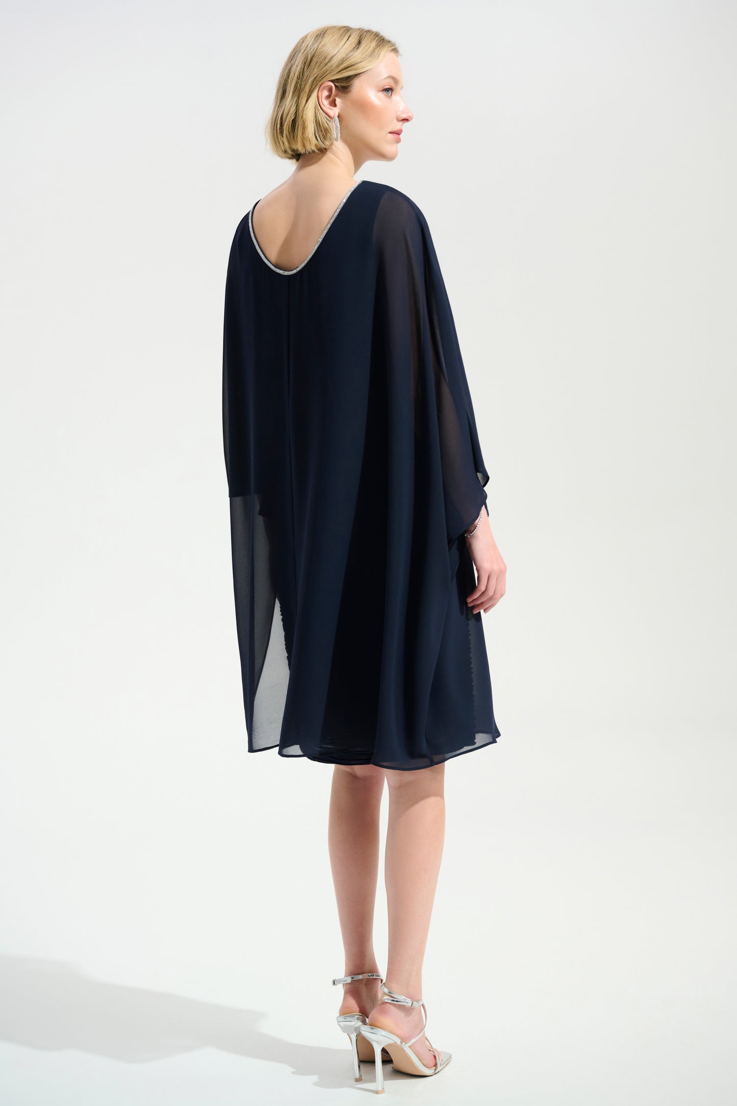 Cascade Knit Sheath Dress With Chiffon Poncho Overlay 261707