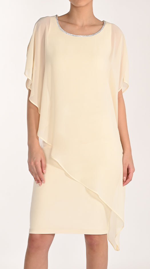 WOVEN DRESS WITH BLING AND ASSYMETRICAL OVERLAY 268068