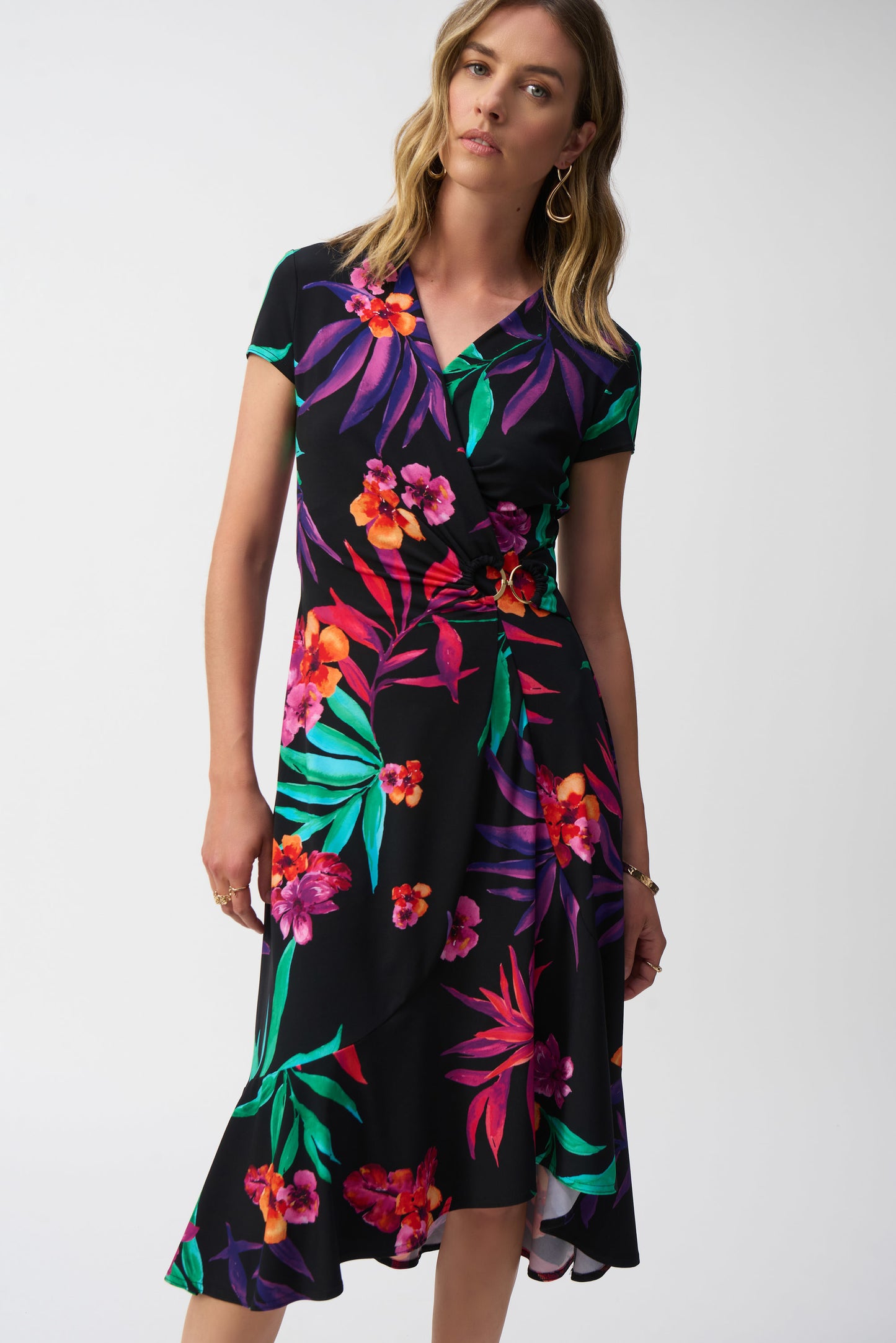 Silky Knit Tropical Print Wrap Dress 251011