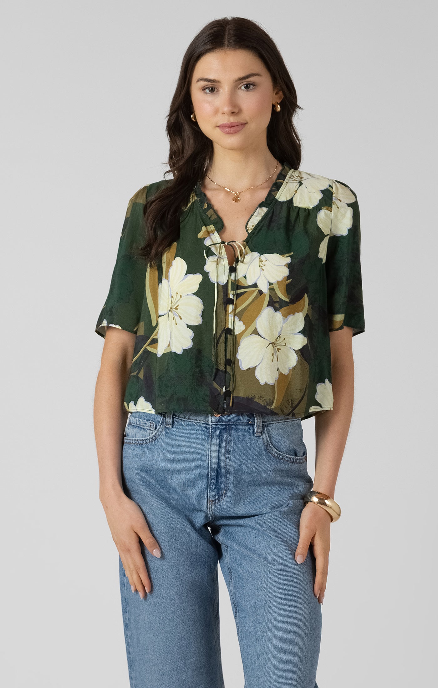 THE LAINEY BUTTON FRONT RUFFLE TRIM BLOUSE