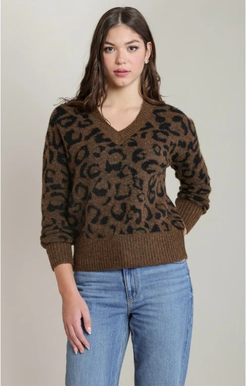 THE LANA V NECK LEOPARD PRINT SWEATER