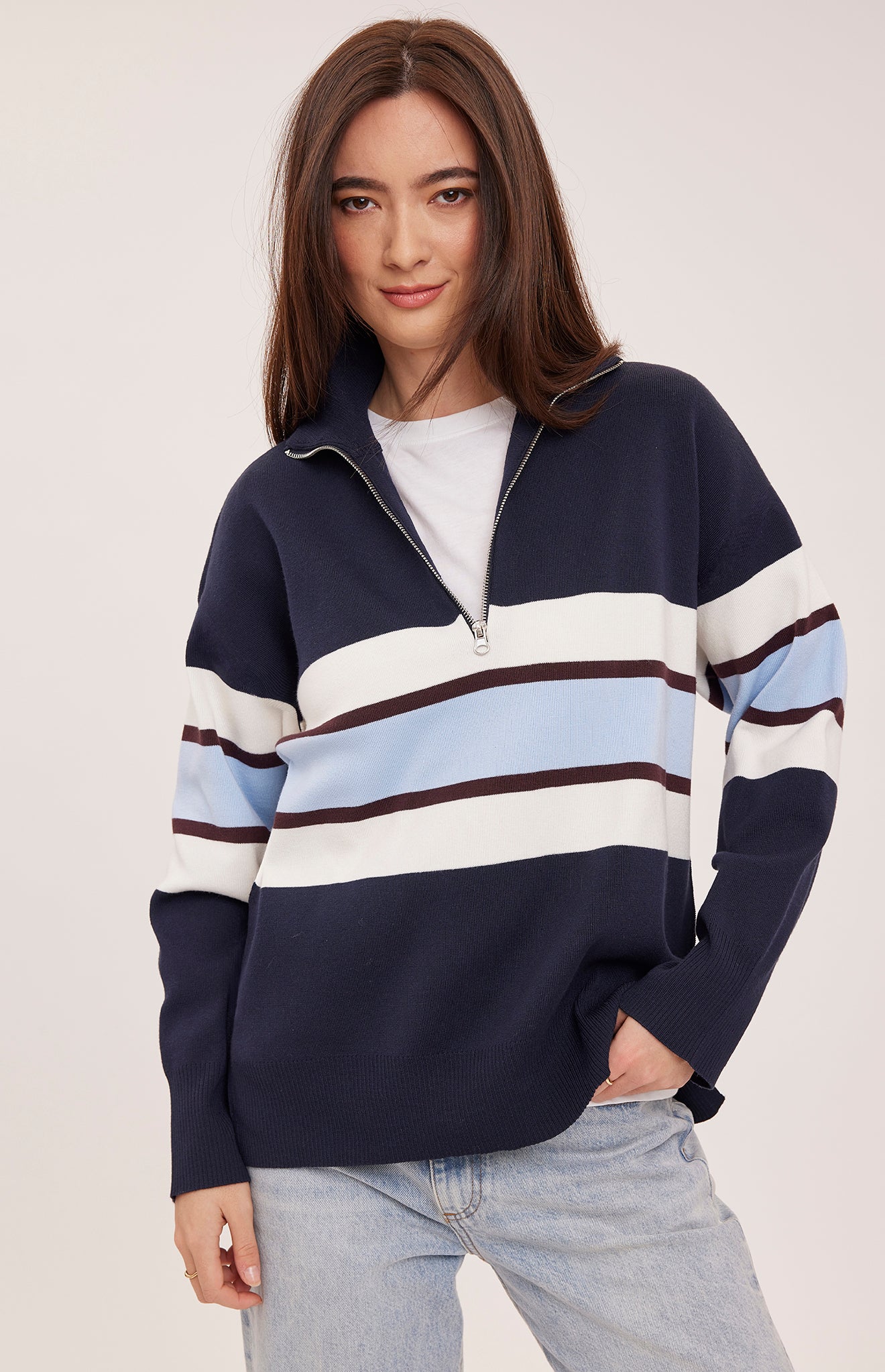 IDRIS LONG SLV STRIPE ZIP TOP