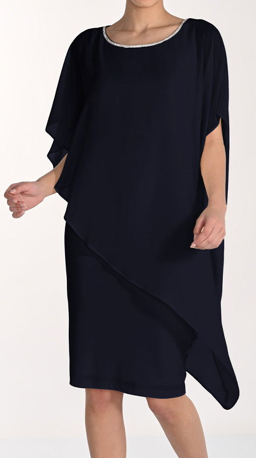 WOVEN DRESS WITH BLING AND ASSYMETRICAL OVERLAY 268068